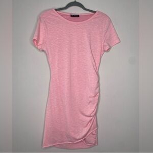Pink Asymmetrical Hem Rouched Jersey Knit Cap Sleeve T-Shirt Dress